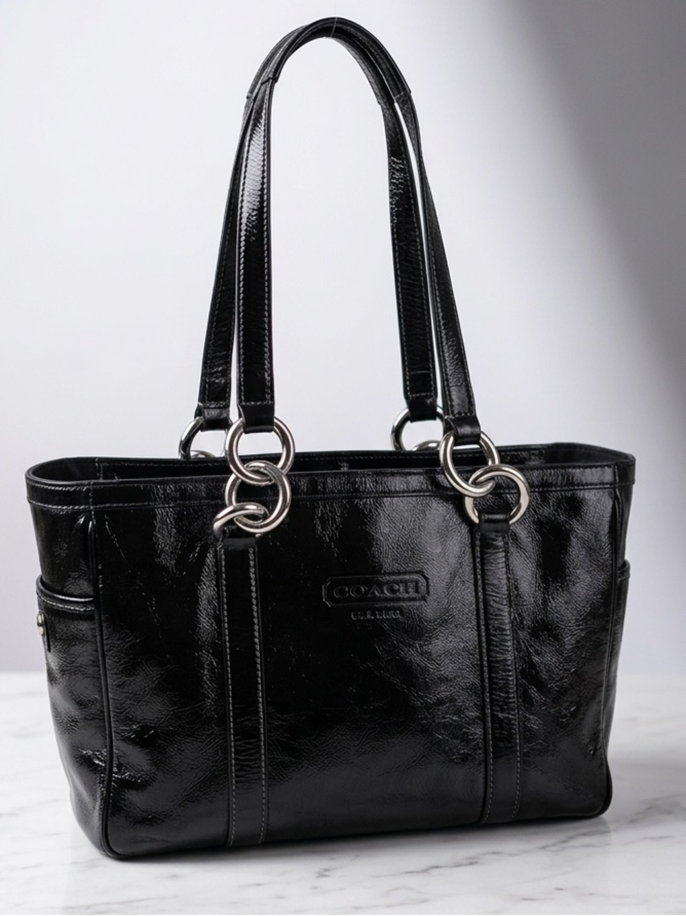 COACH Gallery East West Patent Leather Tote Shoulder Bag Satchel Chain Straps